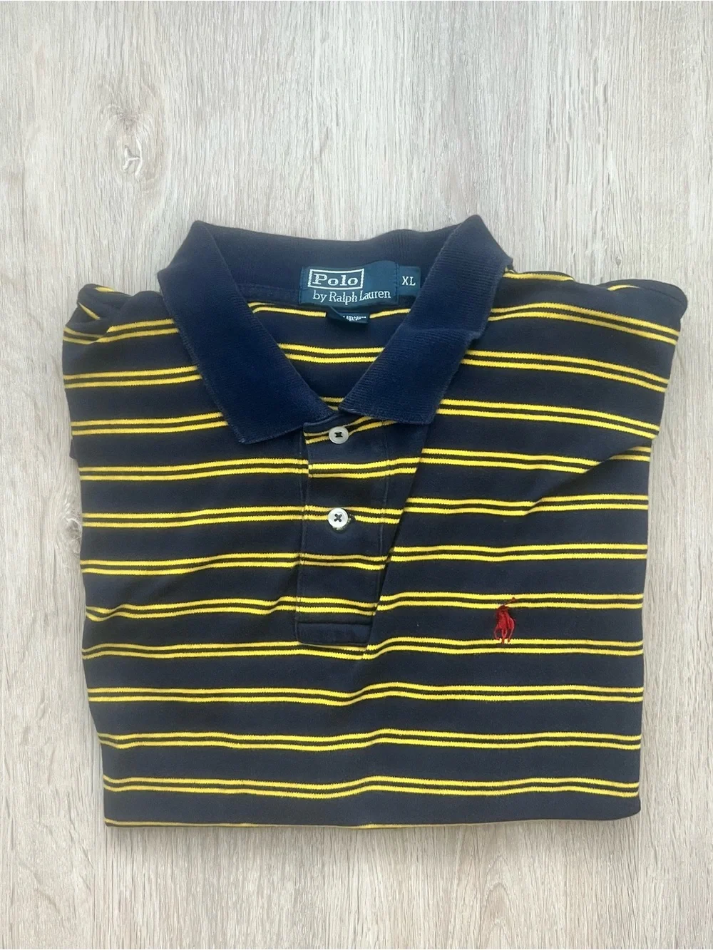 Vintage 90s Polo Ralph Lauren Striped Polo Shirt Mens XL Yellow Navy Preppy